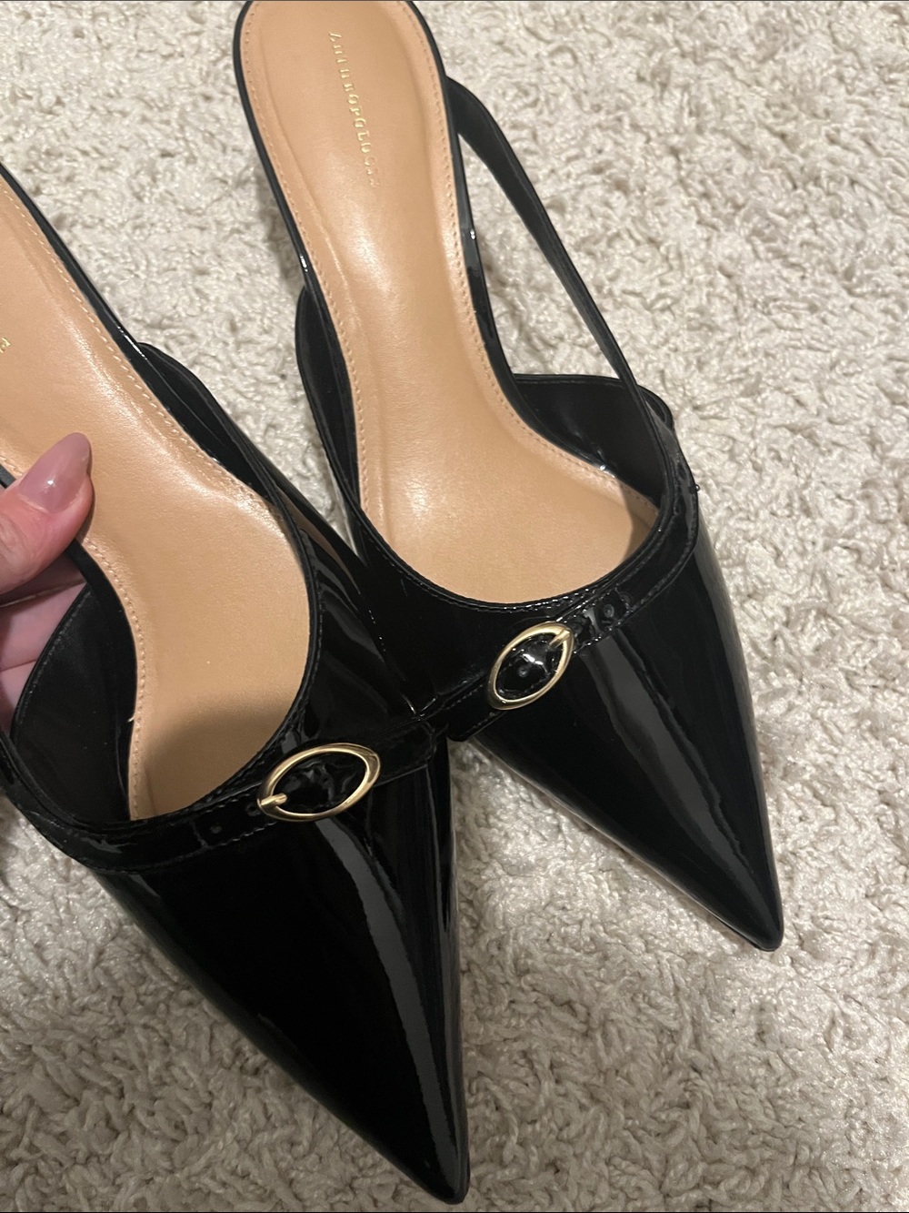 Anthropologie Black Patent Pointed-Toe Slingback Mules with Gold Buckle - Picture 10 of 11